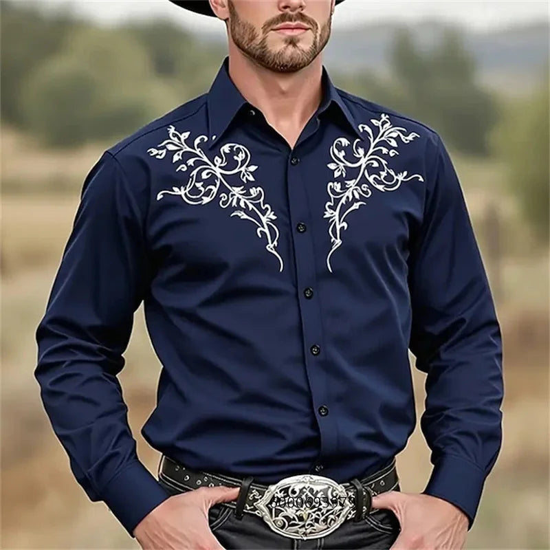 Men's Western denim shirt, comfortable and soft men's clothing, long-sleeved shirt, everyday shirt, fashionable button design