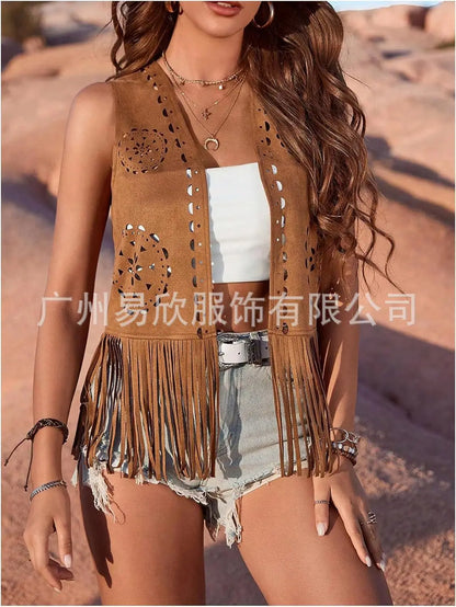 Western Fringe Vest for Women - Vintage Faux Suede Waistcoat with Tassel Trim, Boho Hippie Open Front Sleeveless Jacket