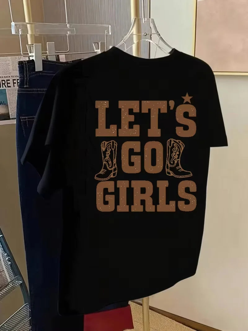 Women's Western Cowgirl T-Shirt Let's Go Slogan Short Sleeve Crew Neck Top  White & Brown Cow Print for Ranch Rodeo Events