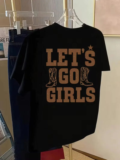 Women's Western Cowgirl T-Shirt Let's Go Slogan Short Sleeve Crew Neck Top  White & Brown Cow Print for Ranch Rodeo Events