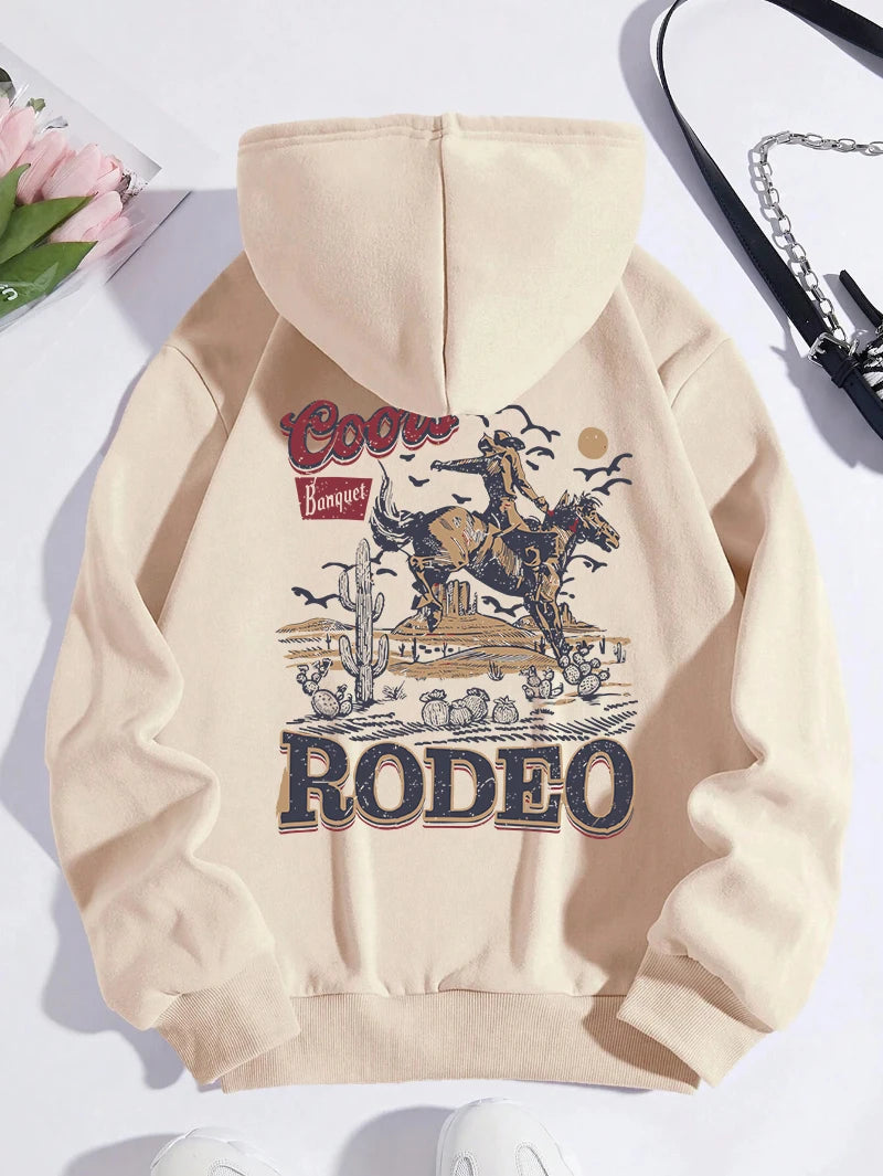 Rodeo Hoodie Women Vintage Cowboy Printing Hooded Fleece Warm Pocket Pullovers Autumn Winter Comfortable Woman Clothing