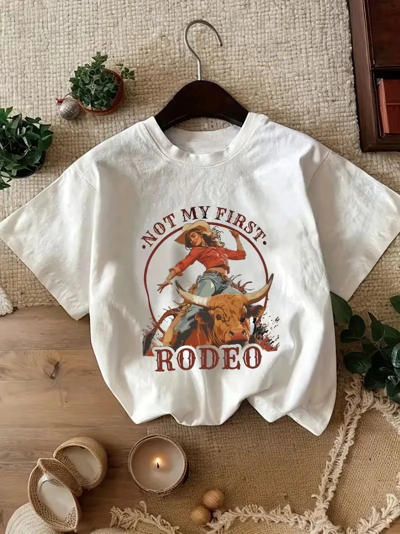 Cowgirl Era Western Graphic Women's T-Shirt, Vintage Cowboy Horse Print Casual Crew Neck Short Sleeve Top, Summer Daily Wear