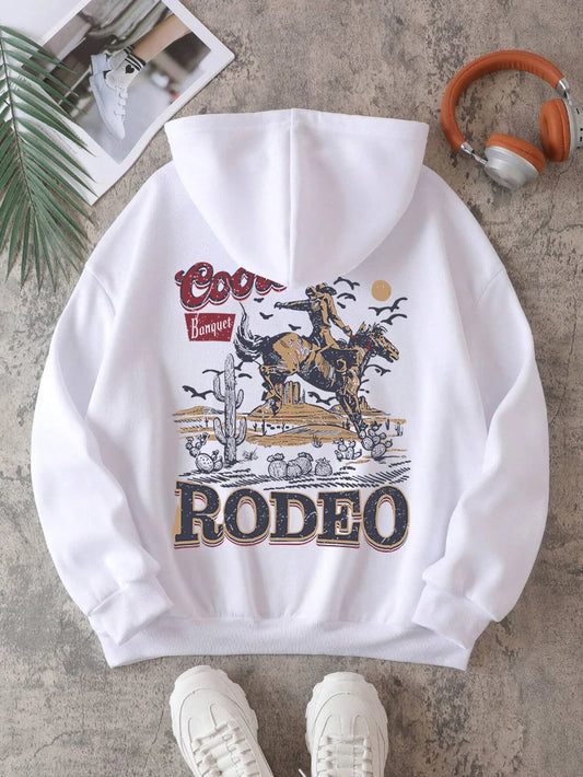 Rodeo Hoodie Women Vintage Cowboy Printing Hooded Fleece Warm Pocket Pullovers Autumn Winter Comfortable Woman Clothing