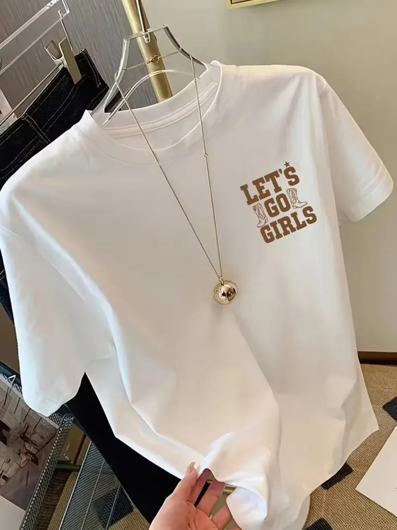 Women's Western Cowgirl T-Shirt Let's Go Slogan Short Sleeve Crew Neck Top  White & Brown Cow Print for Ranch Rodeo Events