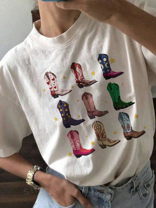 Western Boot Graphic Tops Tees Women Loose Vintage Boho T Shirt Cowgirl Cowboy Cute Hippie Tshirts Retro Vintage Female Clothing