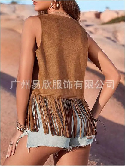 Western Fringe Vest for Women - Vintage Faux Suede Waistcoat with Tassel Trim, Boho Hippie Open Front Sleeveless Jacket