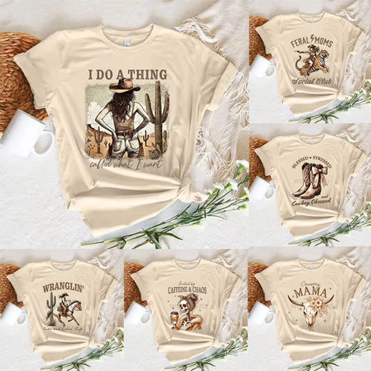 Cowgirl T-shirts Women Summer Short Sleeve T-shirt Funny Mothers Day Retro Clothing Harajuku Cowgirl Fashion Casual Tops Tees