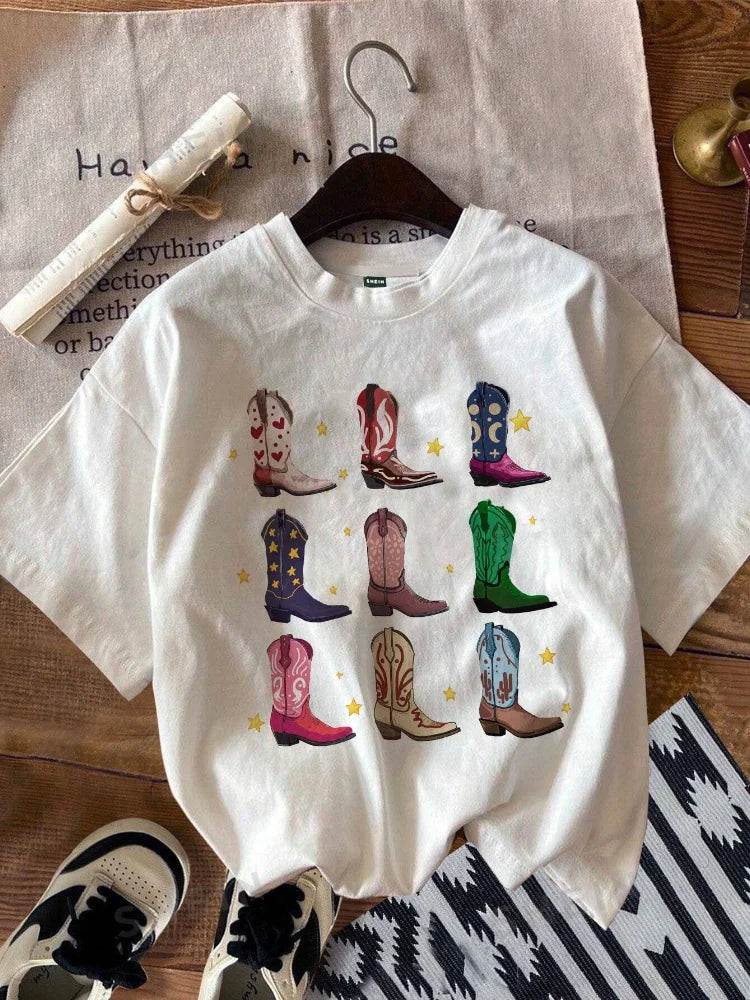 Western Boot Graphic Tops Tees Women Loose Vintage Boho T Shirt Cowgirl Cowboy Cute Hippie Tshirts Retro Vintage Female Clothing