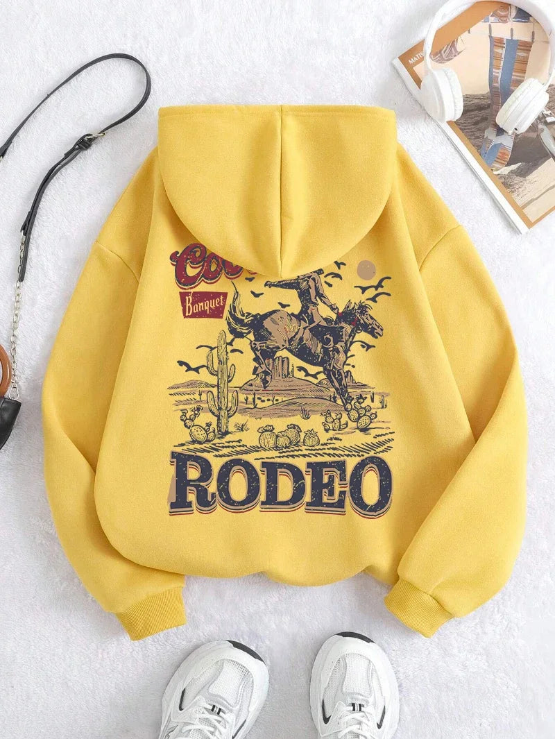 Rodeo Hoodie Women Vintage Cowboy Printing Hooded Fleece Warm Pocket Pullovers Autumn Winter Comfortable Woman Clothing