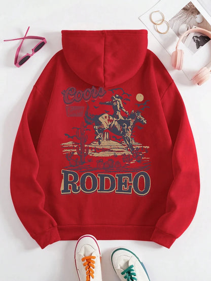 Rodeo Hoodie Women Vintage Cowboy Printing Hooded Fleece Warm Pocket Pullovers Autumn Winter Comfortable Woman Clothing