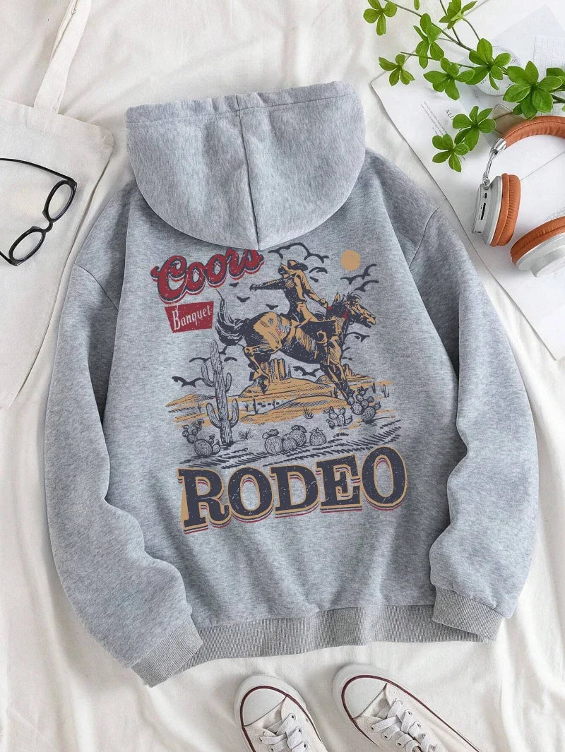 Rodeo Hoodie Women Vintage Cowboy Printing Hooded Fleece Warm Pocket Pullovers Autumn Winter Comfortable Woman Clothing