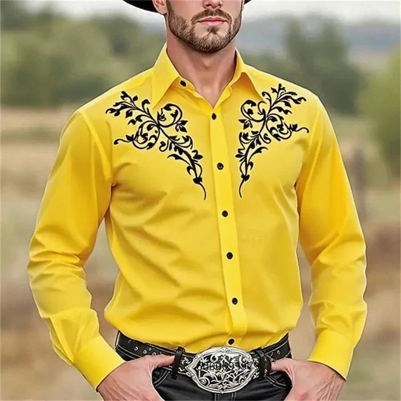 Men's Western denim shirt, comfortable and soft men's clothing, long-sleeved shirt, everyday shirt, fashionable button design