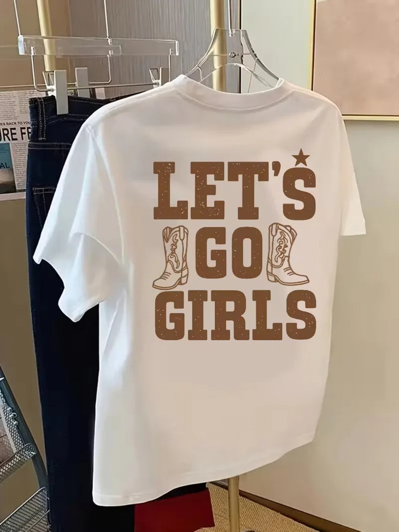 Women's Western Cowgirl T-Shirt Let's Go Slogan Short Sleeve Crew Neck Top  White & Brown Cow Print for Ranch Rodeo Events