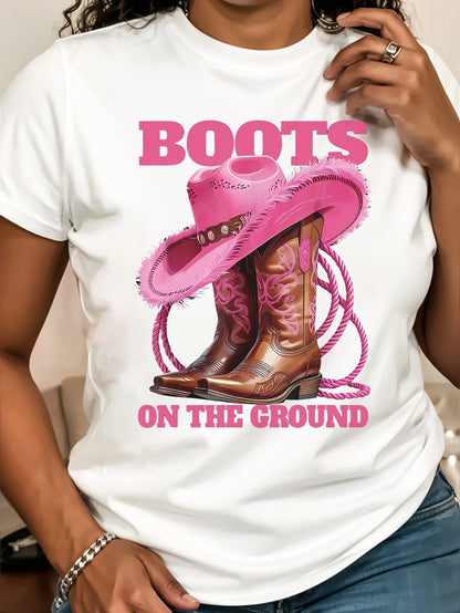 Women's Vintage Western Cowgirl Graphic Tee Short Sleeve Round Neck T-Shirt with Boots on the Ground Design Cowboy Clothing