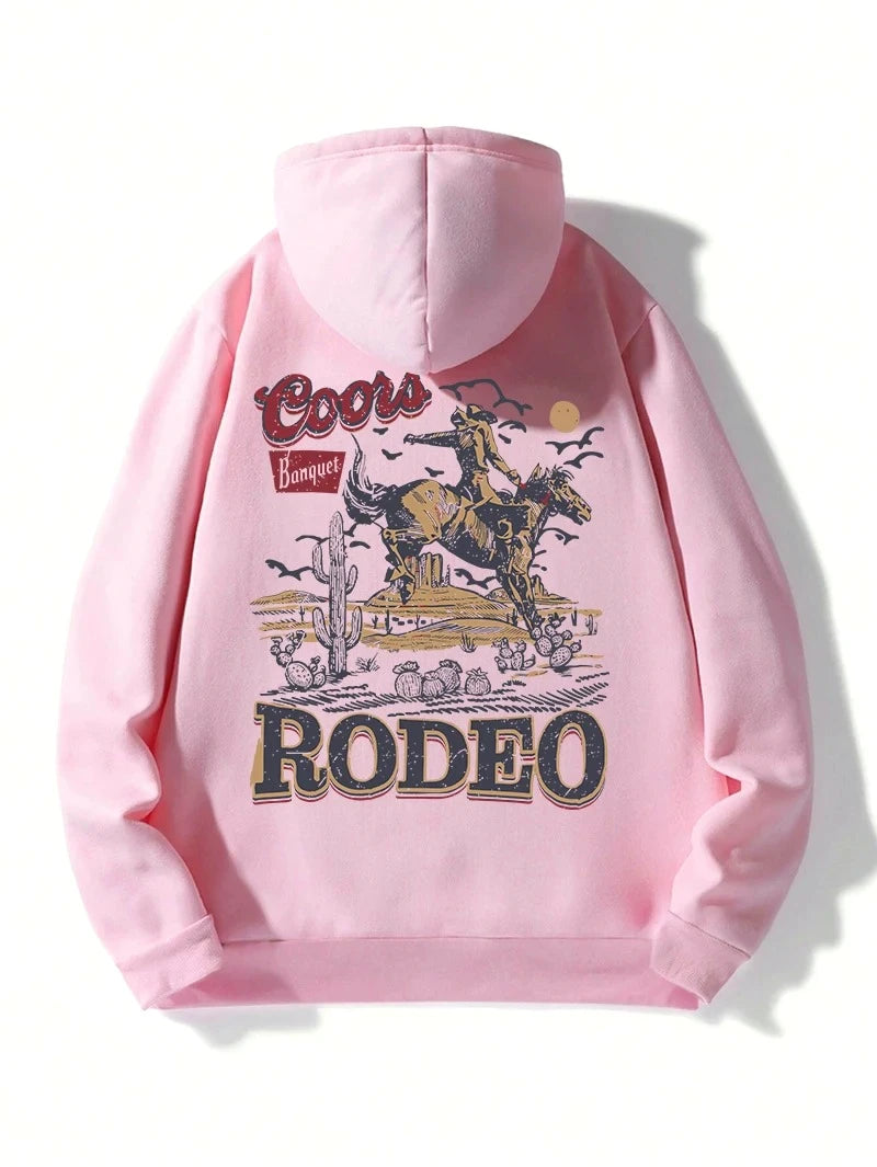 Rodeo Hoodie Women Vintage Cowboy Printing Hooded Fleece Warm Pocket Pullovers Autumn Winter Comfortable Woman Clothing
