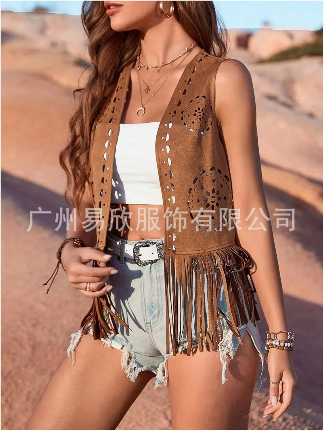 Western Fringe Vest for Women - Vintage Faux Suede Waistcoat with Tassel Trim, Boho Hippie Open Front Sleeveless Jacket