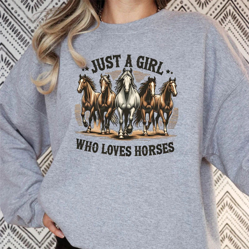 Just A Girl Who Loves Horses Sweatshirt Hoodie Funny Horse Lover Gift Western Boho Pullover Farm Casual Daily Sweatshirt Jumper