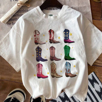 Western Boot Graphic Tops Tees Women Loose Vintage Boho T Shirt Cowgirl Cowboy Cute Hippie Tshirts Retro Vintage Female Clothing