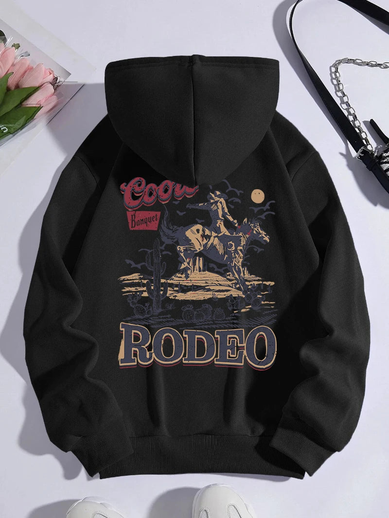 Rodeo Hoodie Women Vintage Cowboy Printing Hooded Fleece Warm Pocket Pullovers Autumn Winter Comfortable Woman Clothing