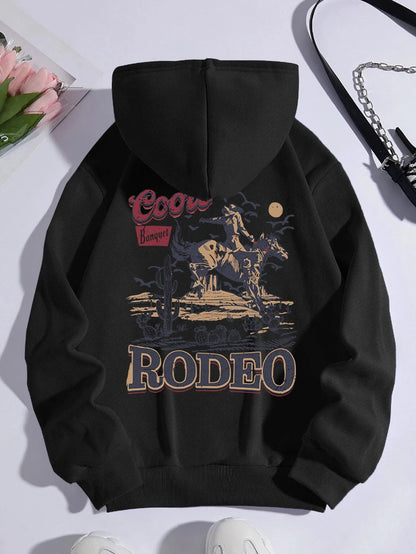 Rodeo Hoodie Women Vintage Cowboy Printing Hooded Fleece Warm Pocket Pullovers Autumn Winter Comfortable Woman Clothing