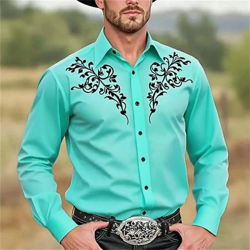 Men's Western denim shirt, comfortable and soft men's clothing, long-sleeved shirt, everyday shirt, fashionable button design