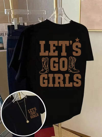 Women's Western Cowgirl T-Shirt Let's Go Slogan Short Sleeve Crew Neck Top  White & Brown Cow Print for Ranch Rodeo Events