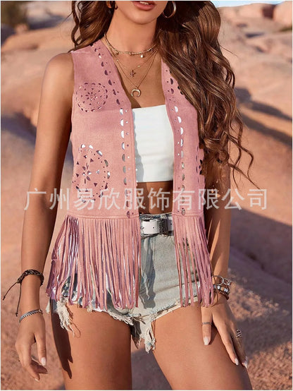 Western Fringe Vest for Women - Vintage Faux Suede Waistcoat with Tassel Trim, Boho Hippie Open Front Sleeveless Jacket